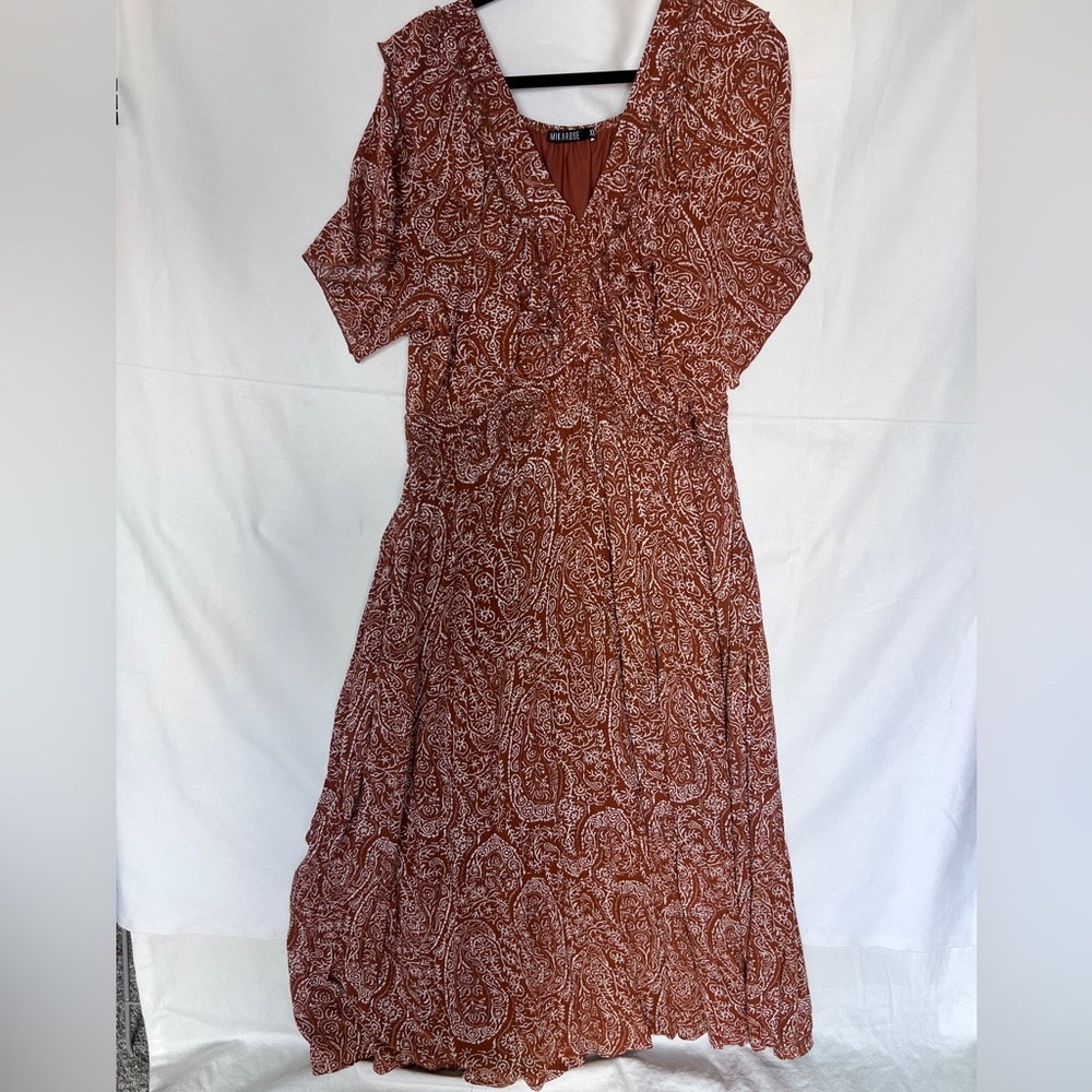 Mikarose Paisley V-Neck Midi Dress in Terracotta 2X